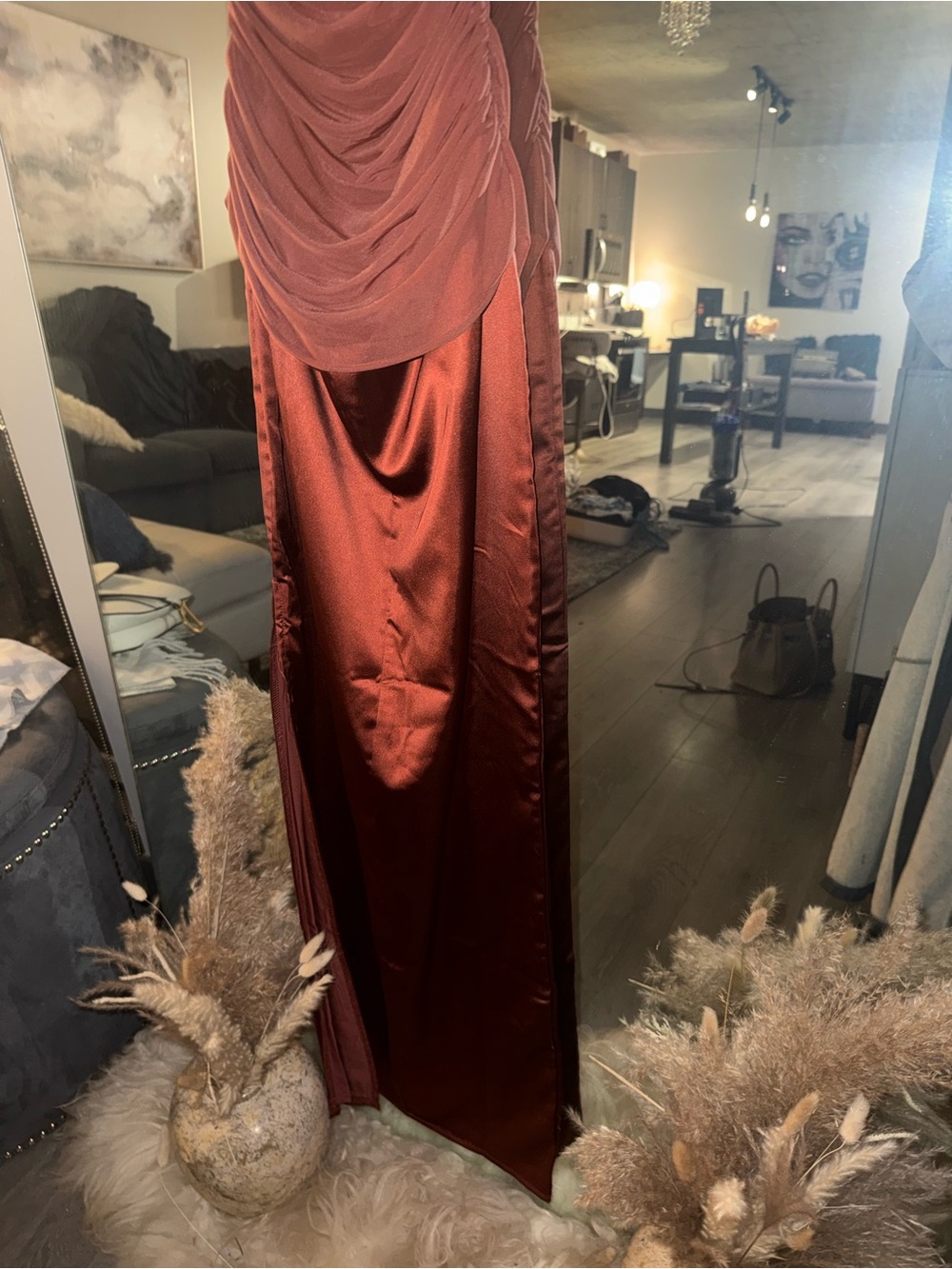 Lulu's Rust Satin Ruched Maxi Dress - Picture 9 of 9